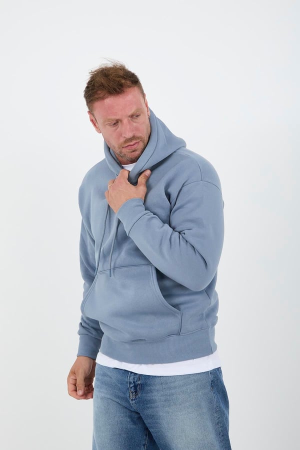Açıkmavi Erkek Oversize Kapüşonlu Kanguru Cepli Sweatshirt - Hoodie