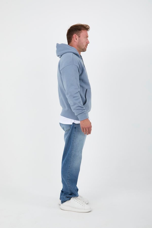 Açıkmavi Erkek Oversize Kapüşonlu Kanguru Cepli Sweatshirt - Hoodie