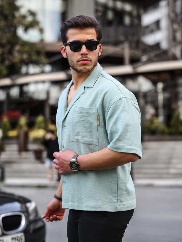Apaş Yaka Premium Kısa Kollu Keten Gömlek- Çağla