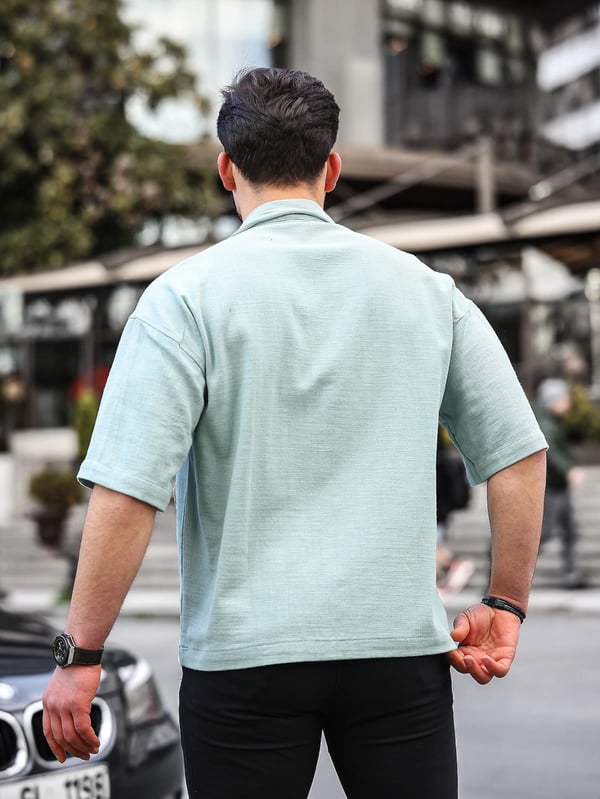 Apaş Yaka Premium Kısa Kollu Keten Gömlek- Çağla