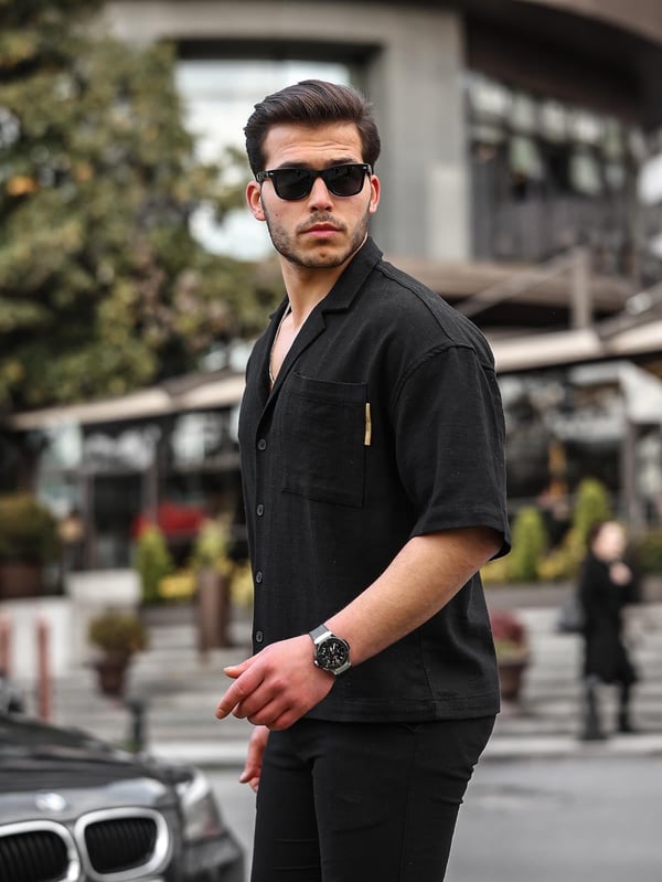 Apaş Yaka Premium Kısa Kollu Keten Gömlek- Siyah