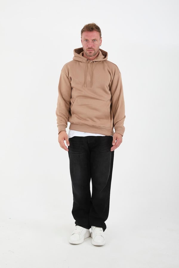 Bej Erkek Oversize Kapüşonlu Kanguru Cepli Sweatshirt - Hoodie