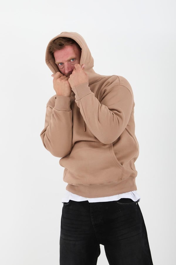 Bej Erkek Oversize Kapüşonlu Kanguru Cepli Sweatshirt - Hoodie