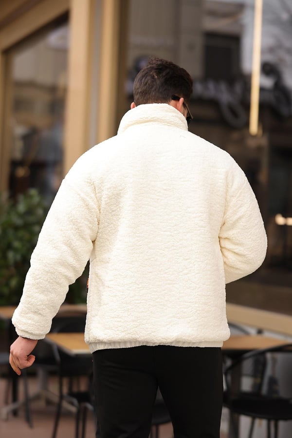 Cep Detaylı Kapitone Astarlı Peluş Mont - Ekru