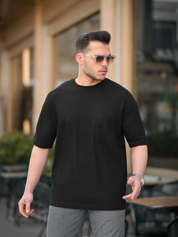 Cep Detaylı Oversize Örme T-shirt - Siyah
