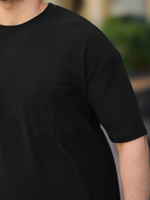 Cep Detaylı Oversize Örme T-shirt - Siyah
