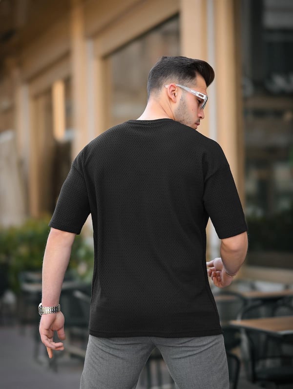 Cep Detaylı Oversize Örme T-shirt - Siyah