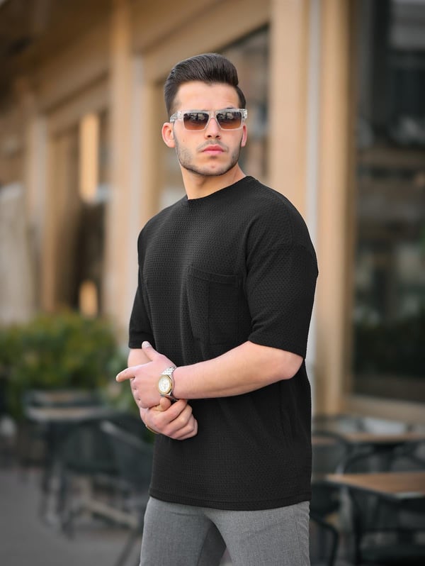 Cep Detaylı Oversize Örme T-shirt - Siyah