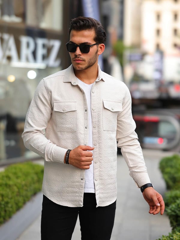Çift Cepli Çubuk Desen Kapitone Gömlek/Ceket - Taş