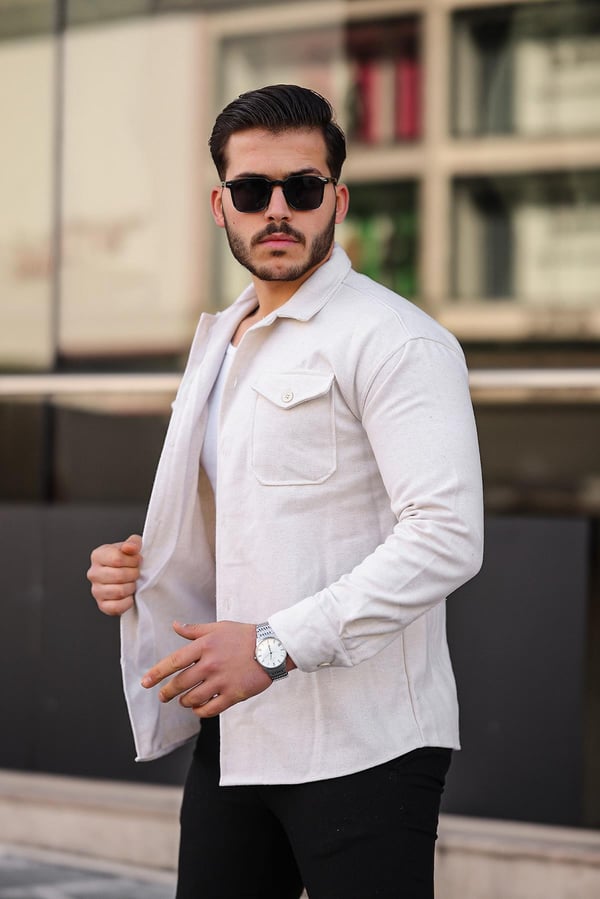 Çift Cepli Düğmeli Kaşe Gömlek - Ekru