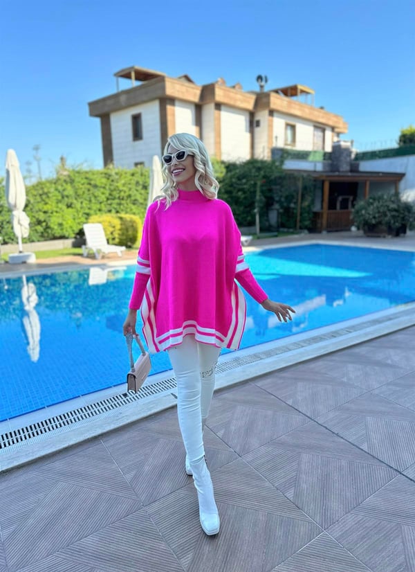 Çizgi Şeritli Panço - Fuşya