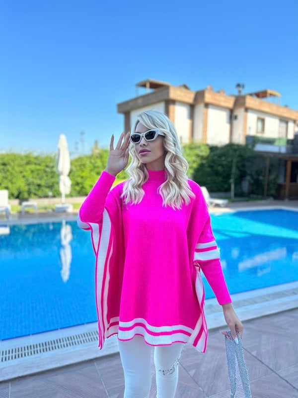 Çizgi Şeritli Panço - Fuşya