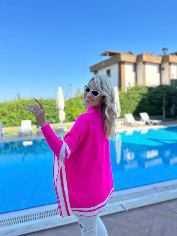 Çizgi Şeritli Panço - Fuşya