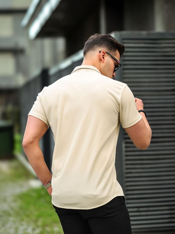 Dokulu Kısa Kol Gömlek - Açık Bej