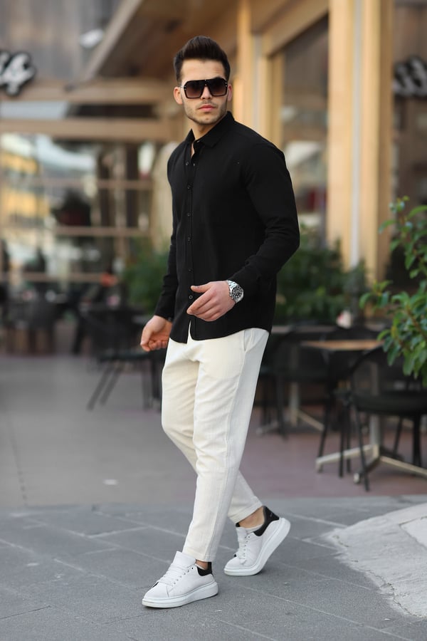 Duble Paça Katlamalı Baggy Örme Keten Pantolon - Bej