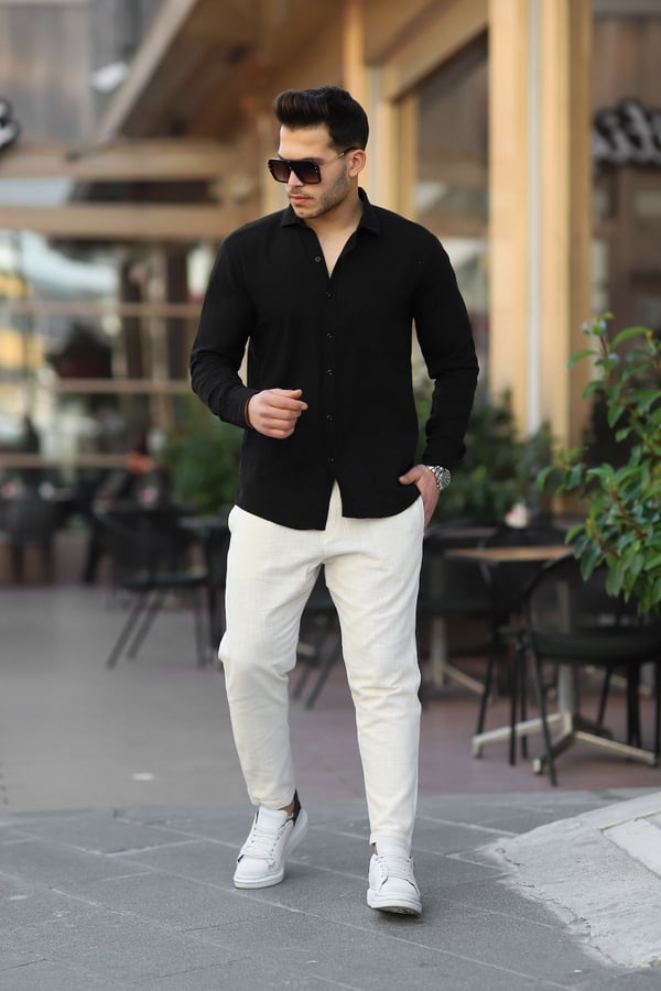 Duble Paça Katlamalı Baggy Örme Keten Pantolon - Bej