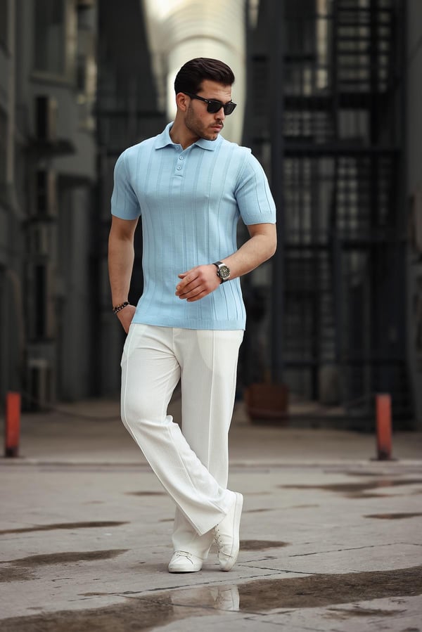 Düğmeli Polo Yaka Triko T-shirt - Bebe Mavi