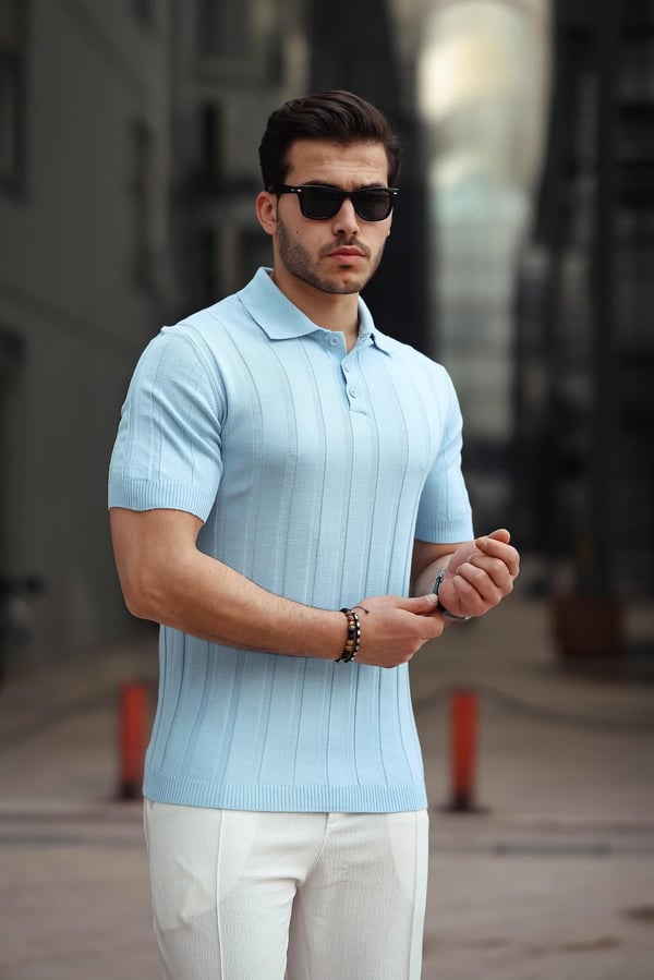 Düğmeli Polo Yaka Triko T-shirt - Bebe Mavi
