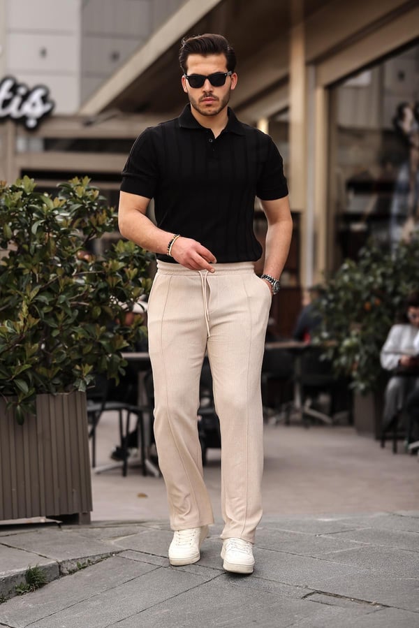 Düğmeli Polo Yaka Triko T-shirt - Siyah