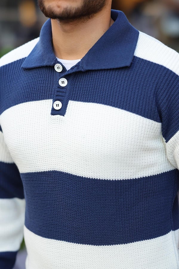 Düğmeli Polo Yaka Yarım Oversize  Çizgili Triko Kazak - Lacivert