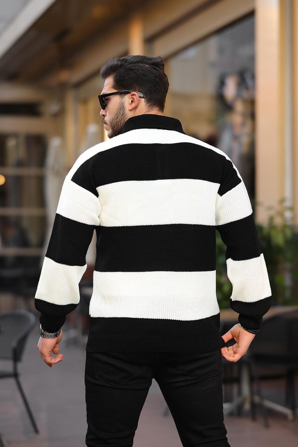 Düğmeli Polo Yaka Yarım Oversize  Çizgili Triko Kazak - Siyah