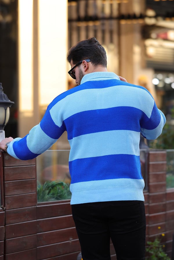 Düğmeli Polo Yaka Yarım Oversize  Çizgili Triko Kazak - Lacivert Mavi