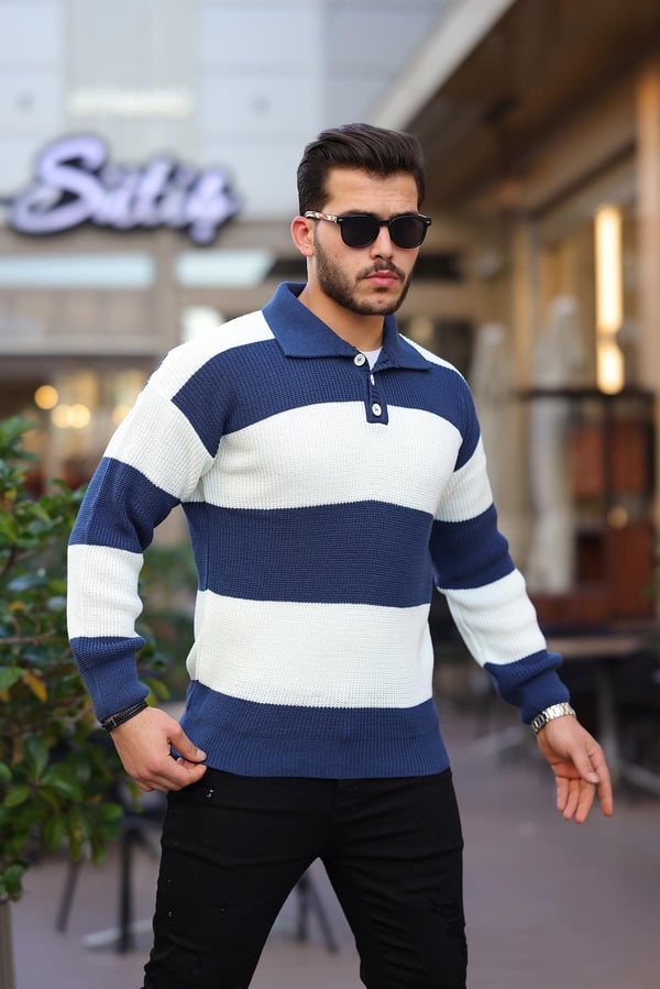 Düğmeli Polo Yaka Yarım Oversize  Çizgili Triko Kazak - Lacivert