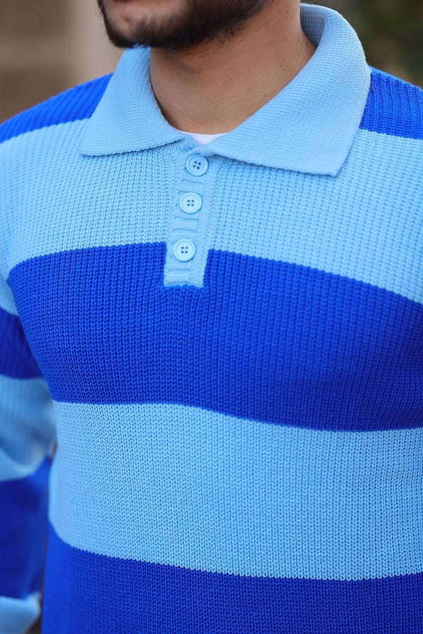 Düğmeli Polo Yaka Yarım Oversize  Çizgili Triko Kazak - Lacivert Mavi