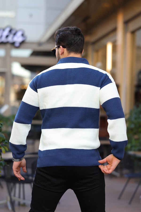 Düğmeli Polo Yaka Yarım Oversize  Çizgili Triko Kazak - Lacivert