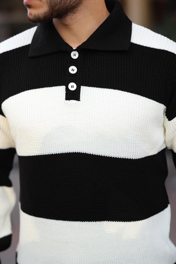 Düğmeli Polo Yaka Yarım Oversize  Çizgili Triko Kazak - Siyah