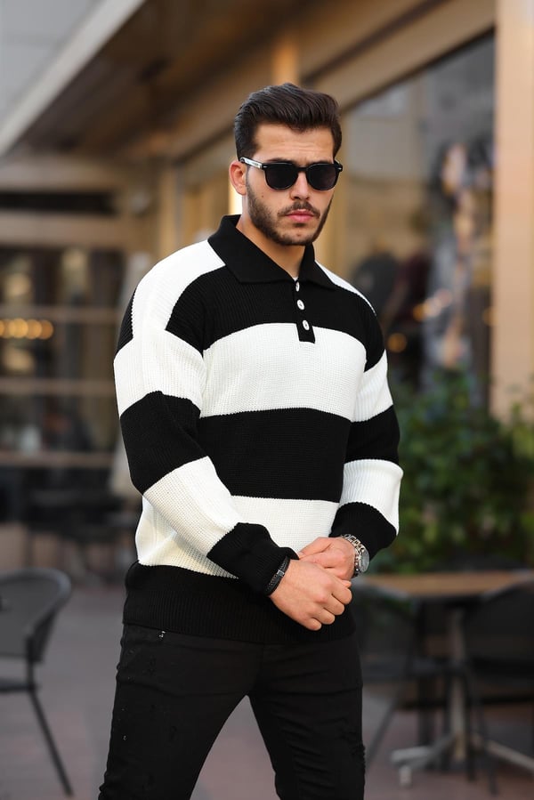 Düğmeli Polo Yaka Yarım Oversize  Çizgili Triko Kazak - Siyah