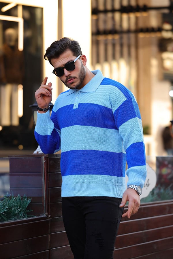 Düğmeli Polo Yaka Yarım Oversize  Çizgili Triko Kazak - Lacivert Mavi
