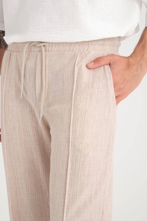 Düz Desenli Rahat Kalıp Beli Lastikli Baggy Pamuk Pantolon - Bej