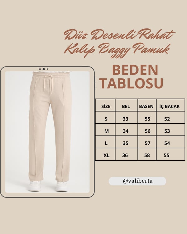 Düz Desenli Rahat Kalıp Beli Lastikli Baggy Pamuk Pantolon - Beyaz