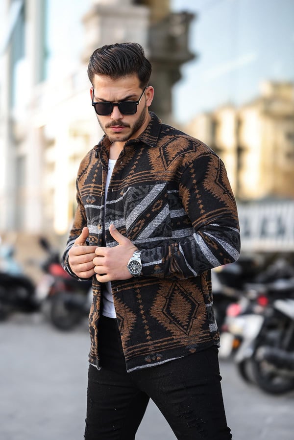 Etnik Desen Vintage Oduncu Gömlek - Kahve/Siyah