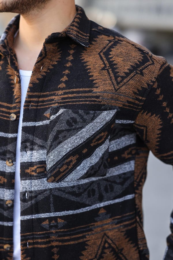 Etnik Desen Vintage Oduncu Gömlek - Kahve/Siyah