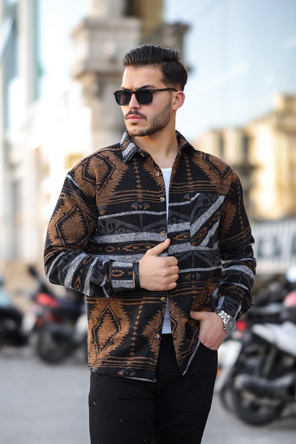 Etnik Desen Vintage Oduncu Gömlek - Kahve/Siyah