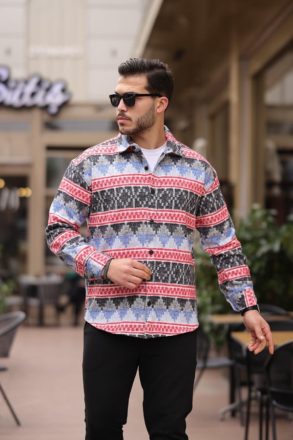Etnik Desen Vintage Oduncu Gömlek - Kırmızı/Mavi