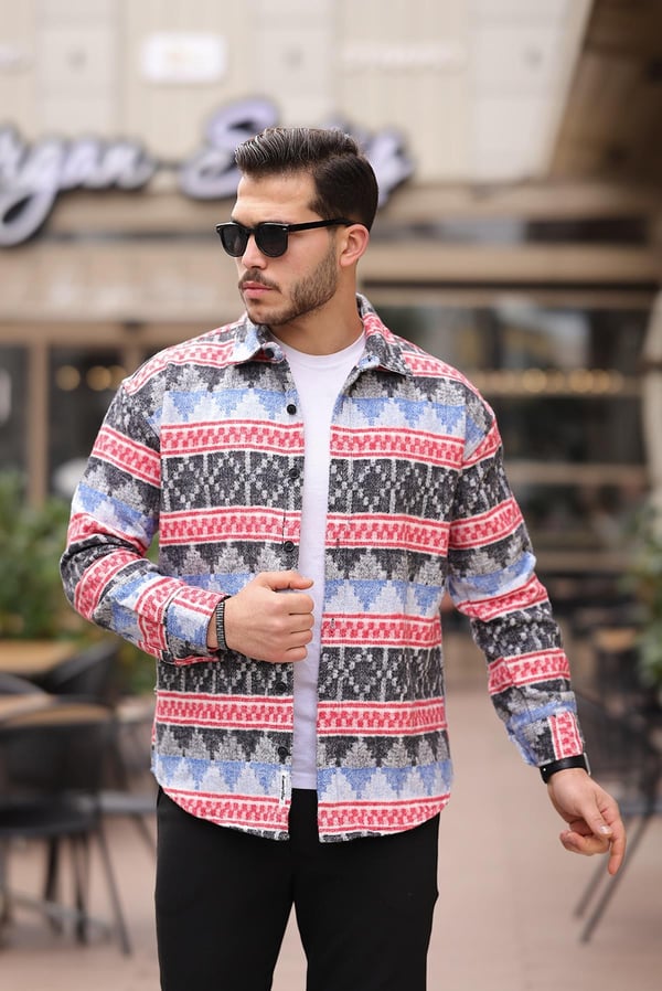 Etnik Desen Vintage Oduncu Gömlek - Kırmızı/Mavi