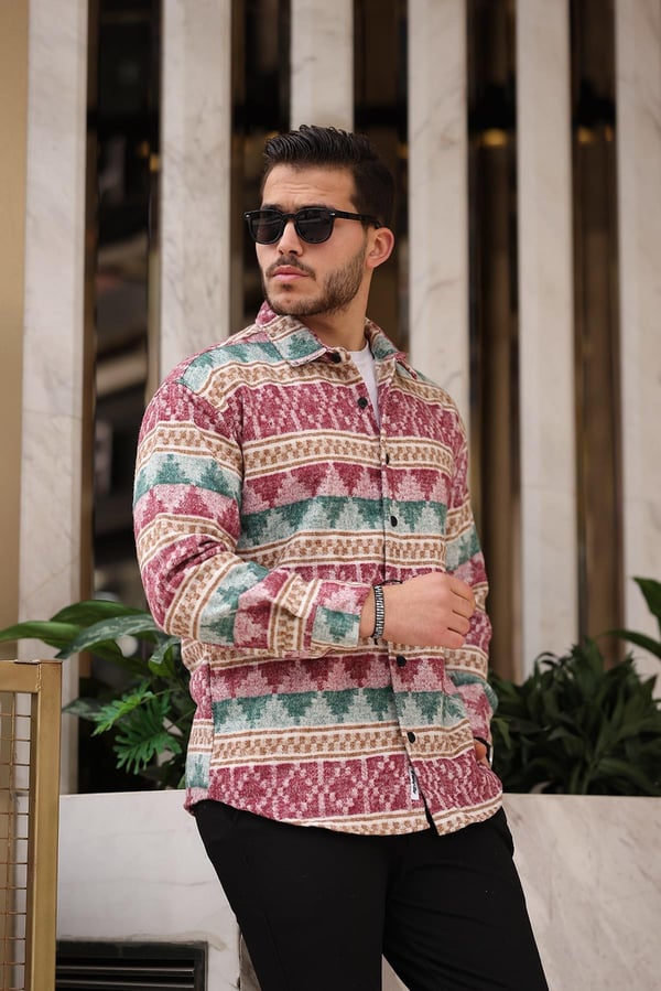 Etnik Desen Vintage Oduncu Gömlek - Kırmızı/Yeşil