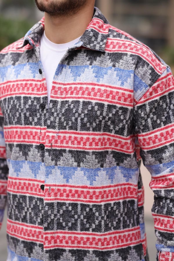 Etnik Desen Vintage Oduncu Gömlek - Kırmızı/Mavi