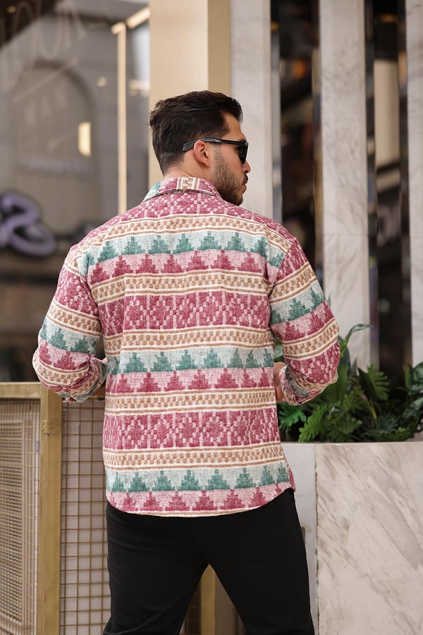 Etnik Desen Vintage Oduncu Gömlek - Kırmızı/Yeşil