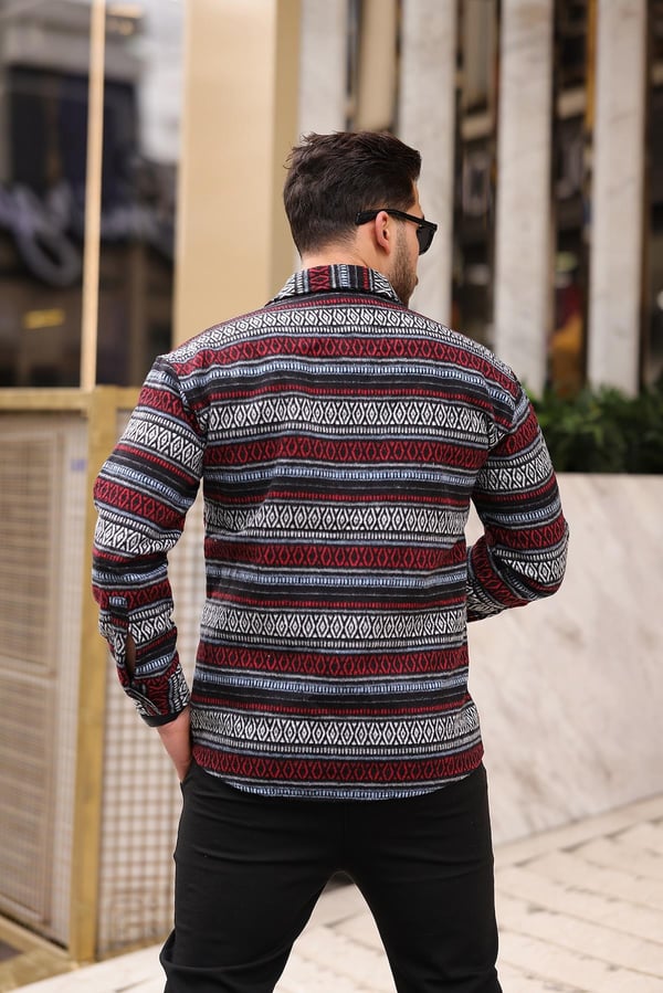 Etnik Desen Vintage Oduncu Gömlek - Siyah/Kırmızı