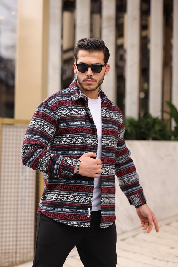 Etnik Desen Vintage Oduncu Gömlek - Siyah/Kırmızı