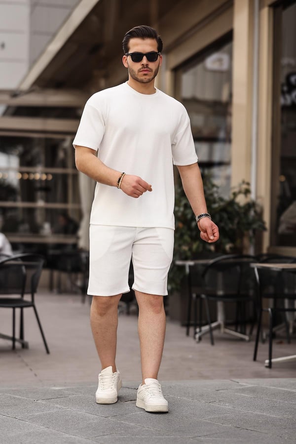 Fitilli Oversize T-Shirt Şort Takım - Beyaz