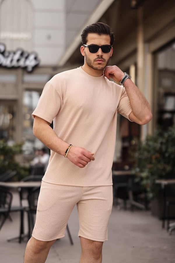 Fitilli Oversize T-Shirt Şort Takım - Bej