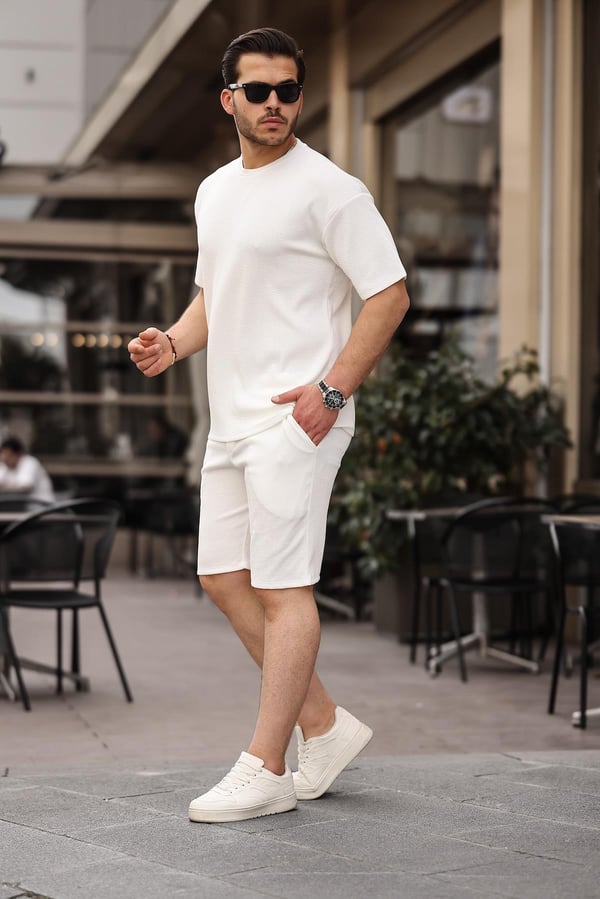 Fitilli Oversize T-Shirt Şort Takım - Beyaz