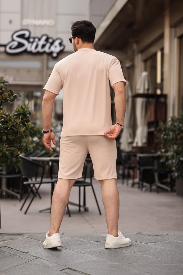 Fitilli Oversize T-Shirt Şort Takım - Bej