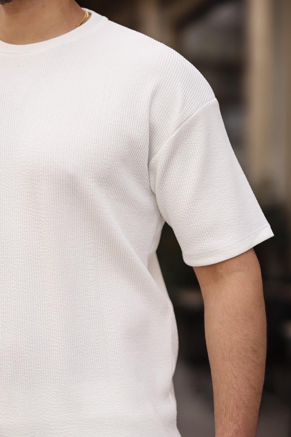 Fitilli Oversize T-Shirt Şort Takım - Beyaz
