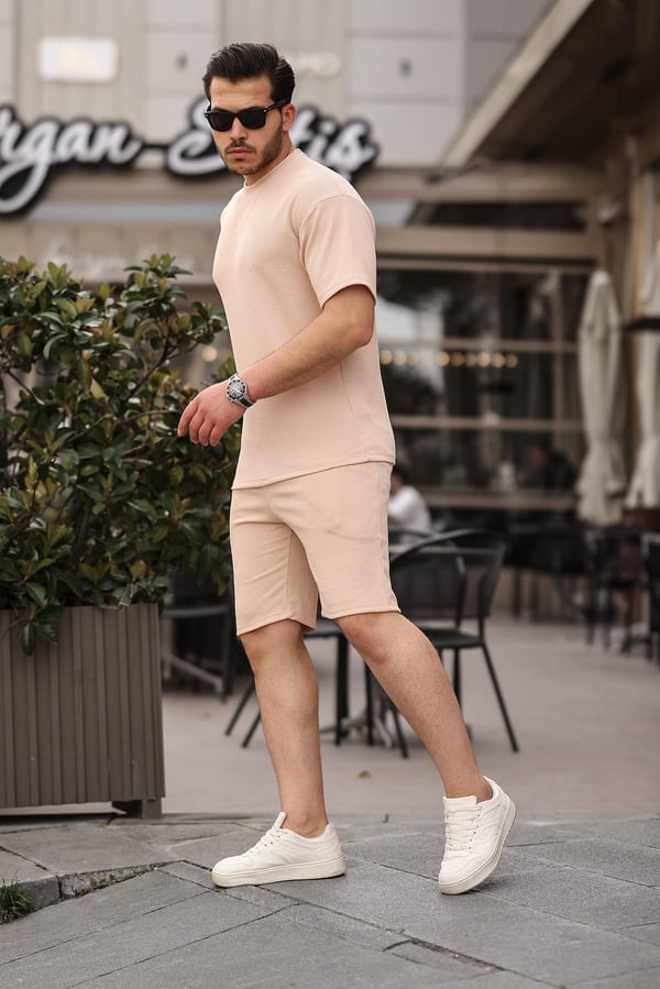 Fitilli Oversize T-Shirt Şort Takım - Bej